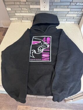 Black Graphic Pullover Hoodie with Pink Accent